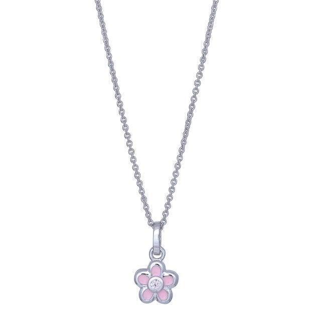 children's necklace with pink flower, silver chain with pink enamel flower pendant. Model 216325-1
