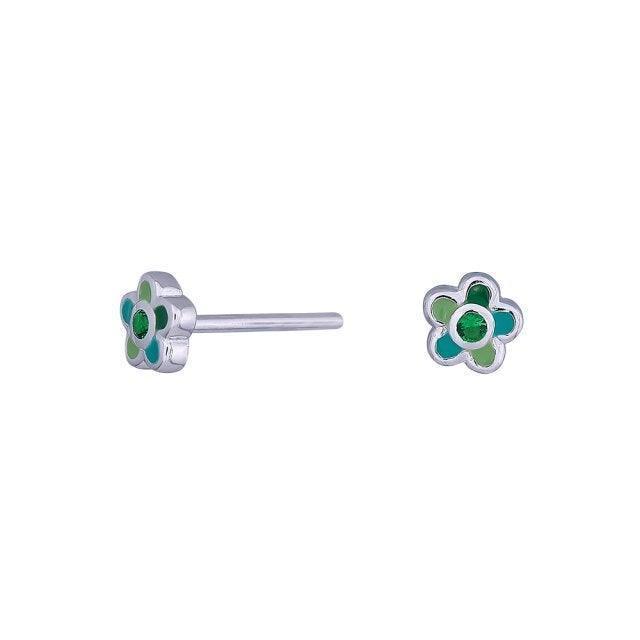 Children's earrings with floral mix, silver-coloured with green and blue details, Model 316327-1