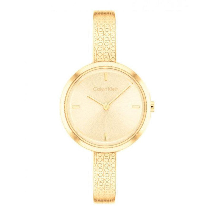 Calvin Klein Beam Women's Watch, elegant golden women's watch with patterned strap and minimalist dial. Model 25200182