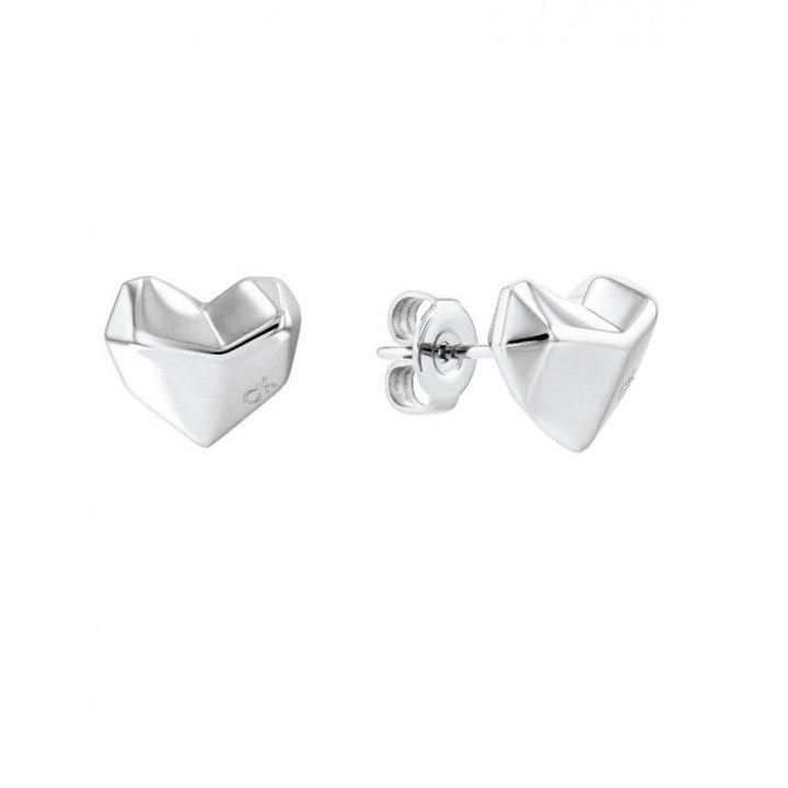 Calvin Klein Faceted Heart Earrings in polished steel, visible detailed faceted heart shape. Model 35000041