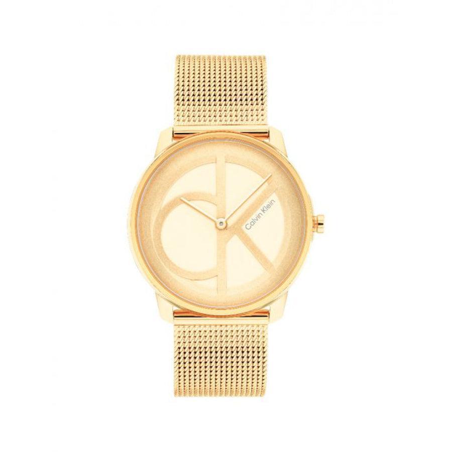 Calvin Klein Iconic Mesh women's watch with golden mesh strap and discreet logo on the dial. Model 25200034-25200034-1.