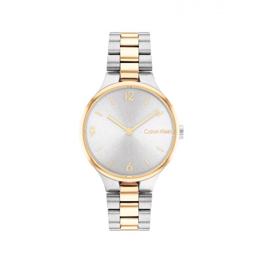 Calvin Klein Linked Bicolor Women's watch with round silver dial and two-tone steel chain. Model 25200132-25200132-1