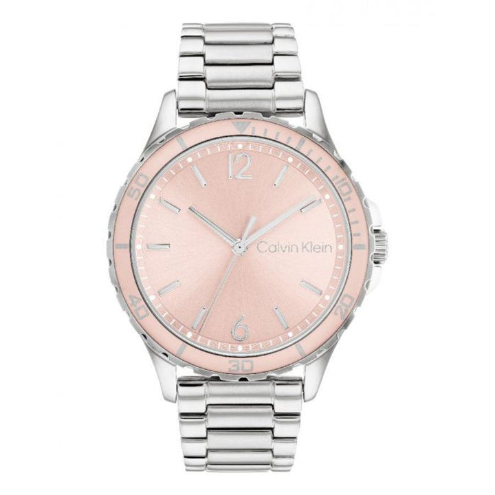 Calvin Klein Lively Women's watch with round rose gold dial and silver metal strap shown from the front. Model 25200096.