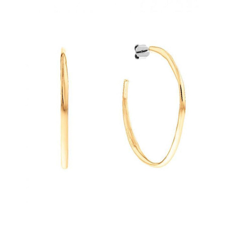 Calvin Klein Molten Pebble Bangle Steel Gold Creoles shown from the side and front, smooth and shiny gold surface. Model 35000115