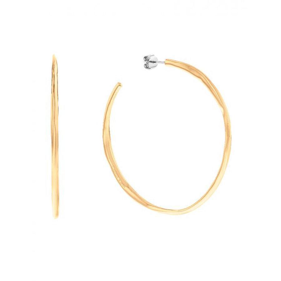 Calvin Klein Molten Pebble Earring Creole Steel Gold shows a single set of large, golden creoles in hammered steel. Model 35000112-1.