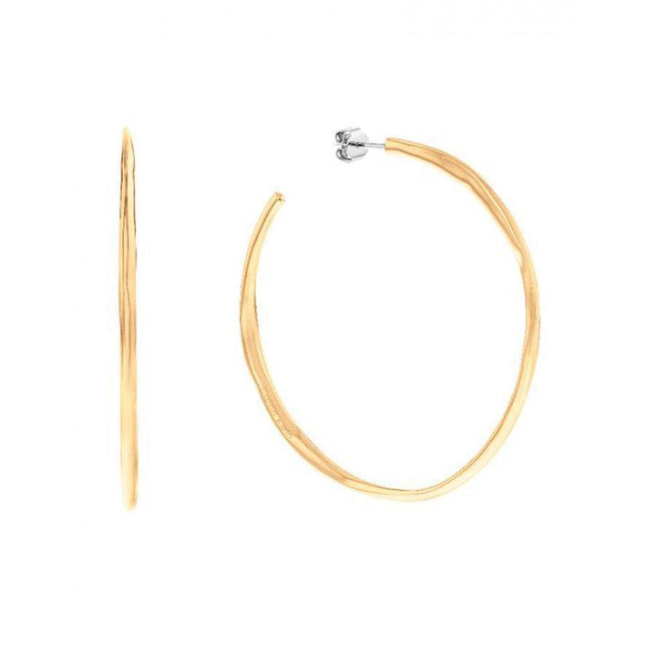 Calvin Klein Molten Pebble Earring Creole Steel Gold shows a single set of large, golden creoles in hammered steel. Model 35000112-1.