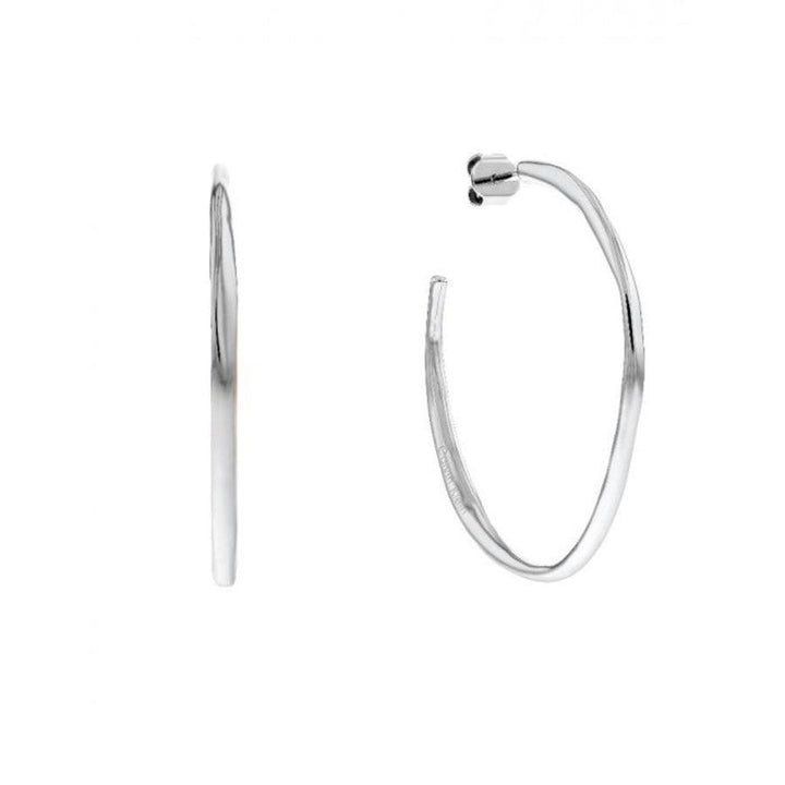 Calvin Klein Molten Pebble Earring STEEL shows an elegant creole earring in polished steel, Model 35000113-35000113