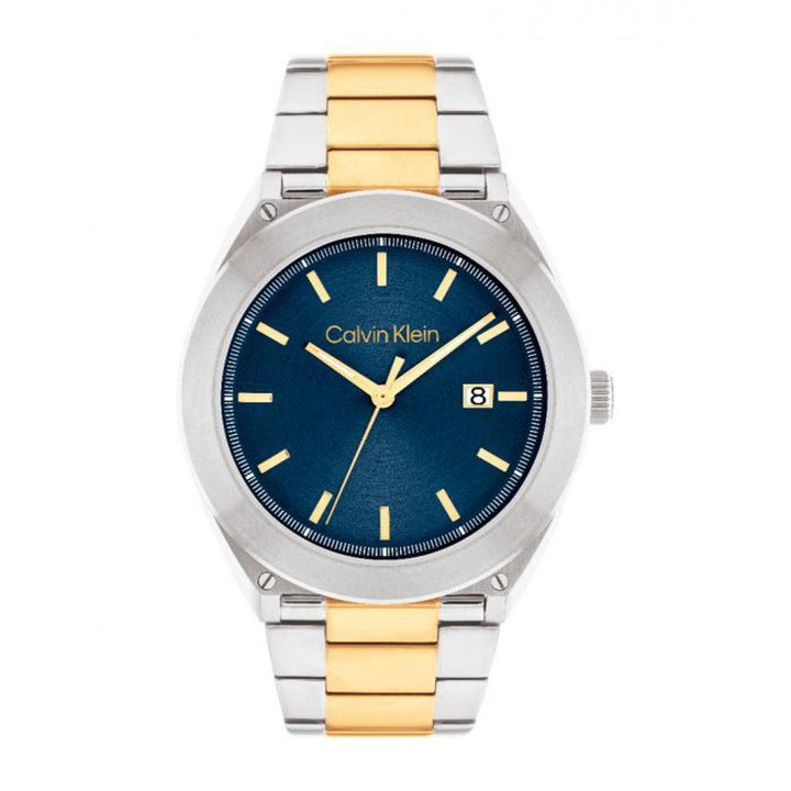 Calvin Klein Progressive Men's watch with blue dial, two-tone steel chain and date display. Model 25200198