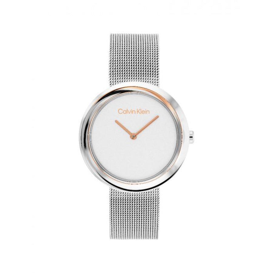 Calvin Klein Twisted Bezel Women's watch with silver mesh strap and minimalistic white dial. Model 25200011-1.
