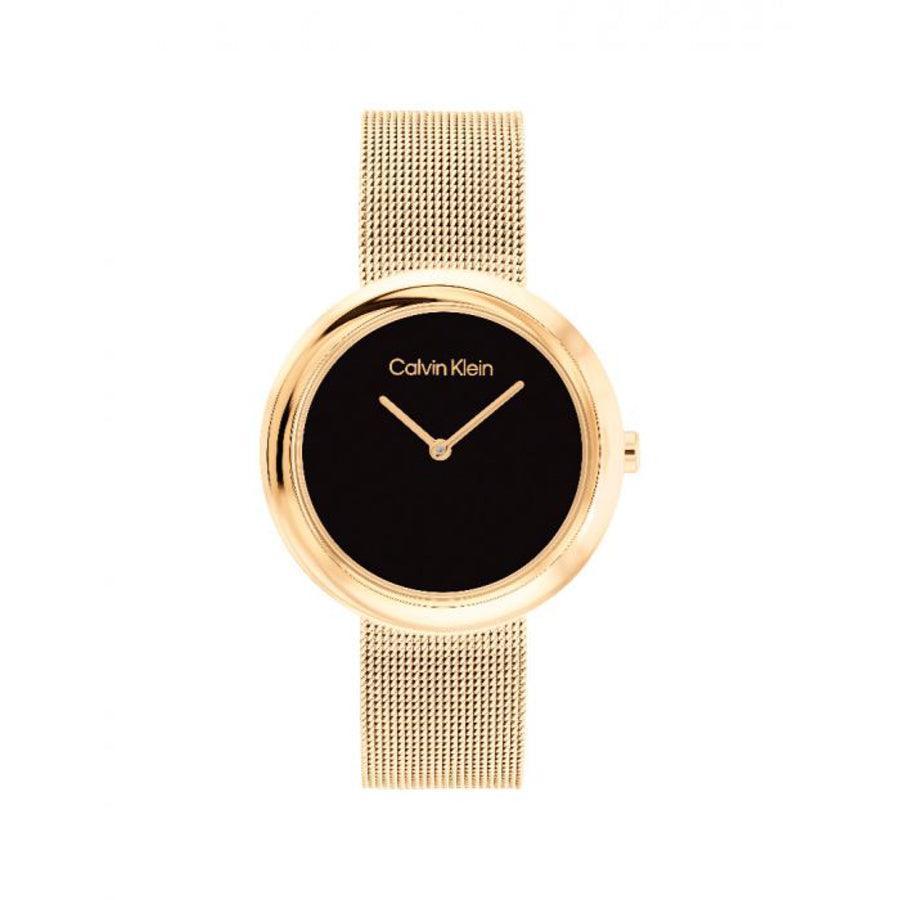 Calvin Klein Twisted Bezel Women's watch in gold with black dial and mesh strap, Model 25200012-25200012-1.