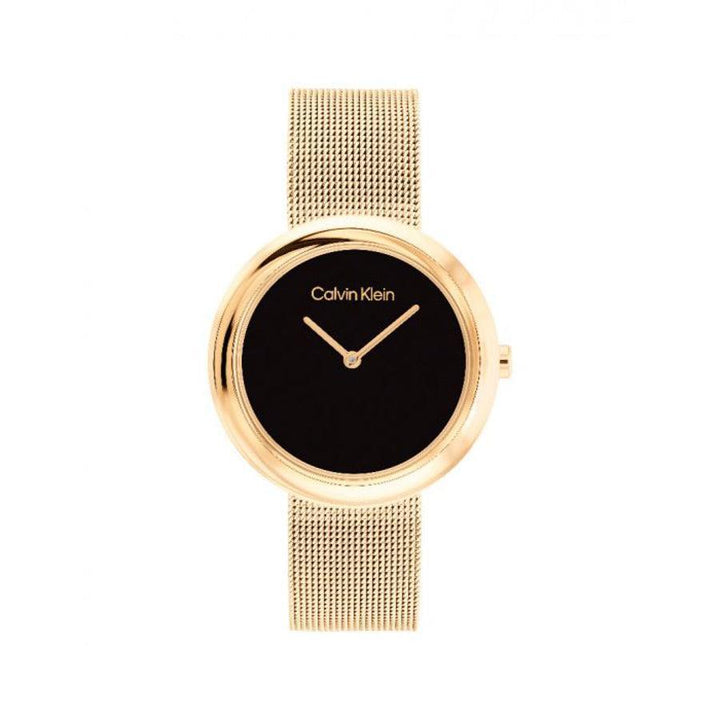 Calvin Klein Twisted Bezel Women's watch in gold with black dial and mesh strap, Model 25200012-25200012-1.