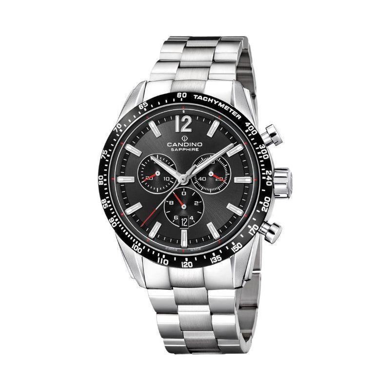 Candino C-Sport Men's watch with black dial, chronograph and silver steel chain. Model C46823.