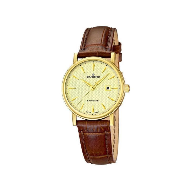 Candino Ladies Watch C44903 shows elegant, classic gold design with brown leather strap and bright dial. Model C44903