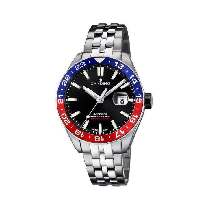 Candino Diver Men's watch C47171 with black dial, blue-red rotating bezel and steel link. Model C47171-1.