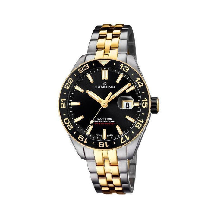 Candino Diver Men's Watch C4718/3 with black dial, gold and steel chain, shown in detail. Model C4718/3