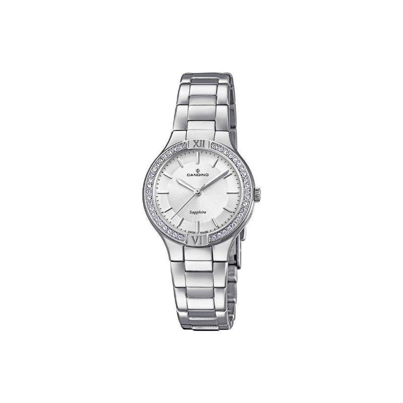 Candino Petite Ladies watch C4626/1 with silver dial, steel strap and crystals on the bezel. Model C46261.