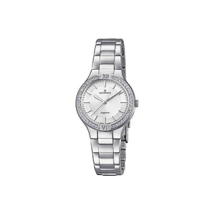 Candino Petite Ladies watch C4626/1 with silver dial, steel strap and crystals on the bezel. Model C46261.