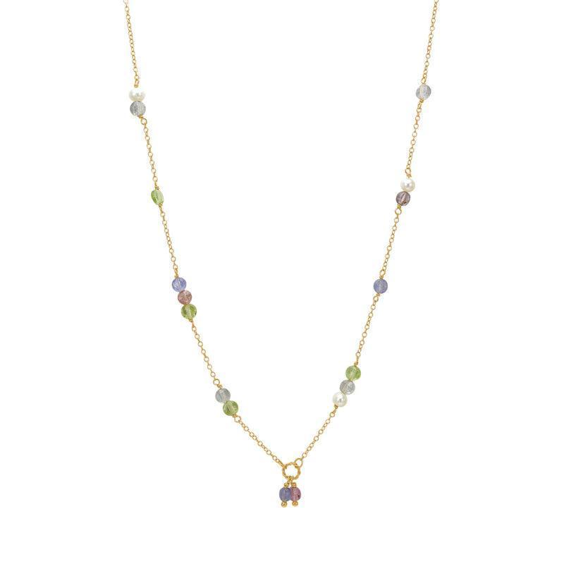 carre-necklace-with-pastel-colored-gemstones shows a fine gold chain with small pastel-colored gemstones, Model FC4364LBBIPSTZPE