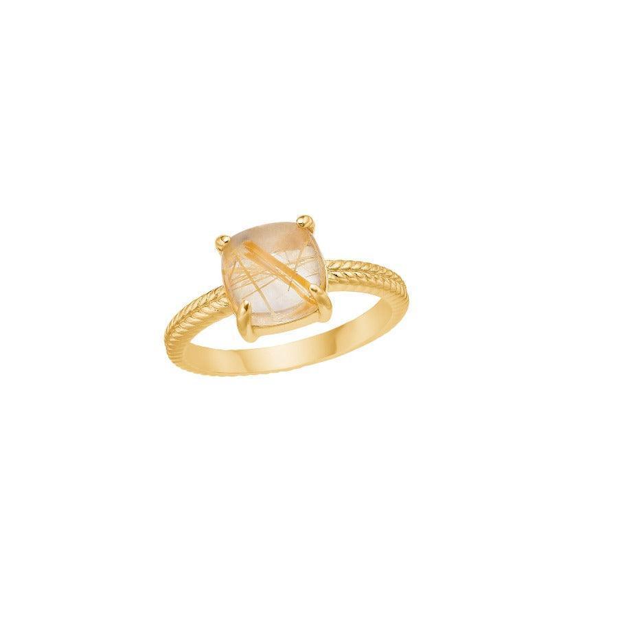 carre ring with rutile quartz, square clear stone in gold colored ring rail, Model fr4413grt-fr4413grt-001-1