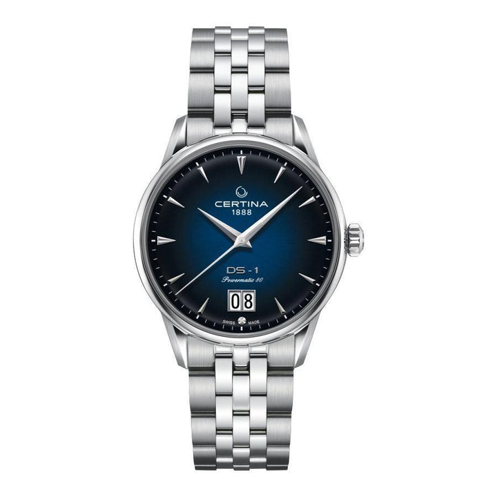 Certina DS-1 Big Date Powermatic 80 men's watch with blue dial and steel link. Model C0294261104100