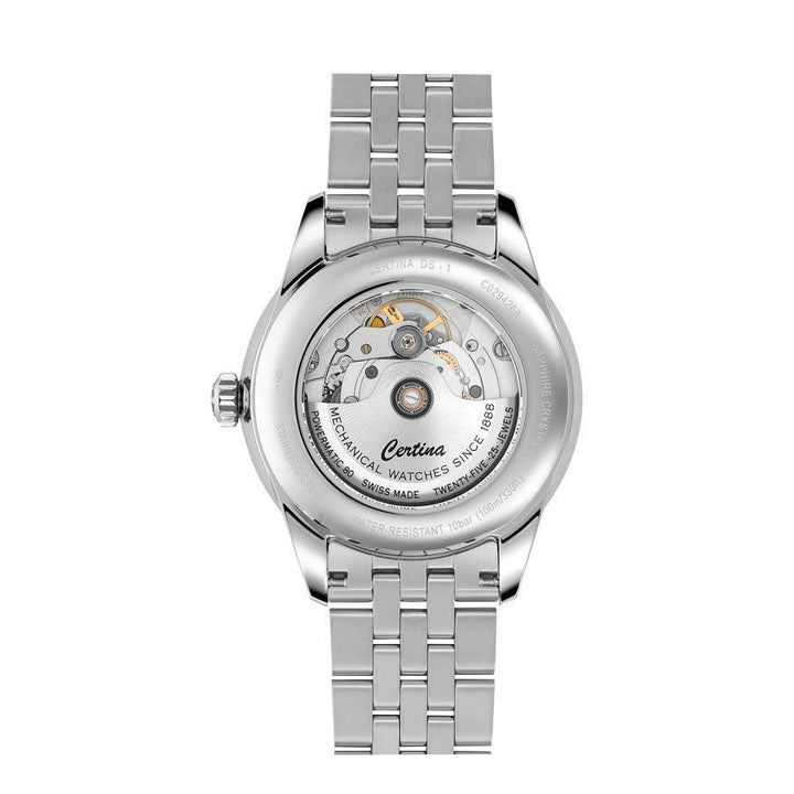 Certina DS-1 Big Date Powermatic 80 men's watch seen from the back with visible automatic movement and steel link.