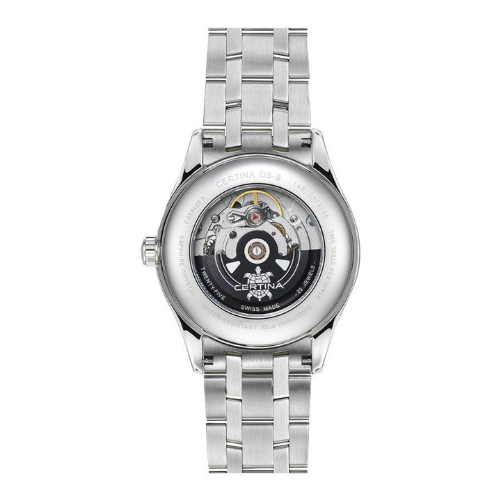 Certina DS-8 steel wristwatch shown from the back with visible automatic movement and silver colored chain. Model C0334281104100
