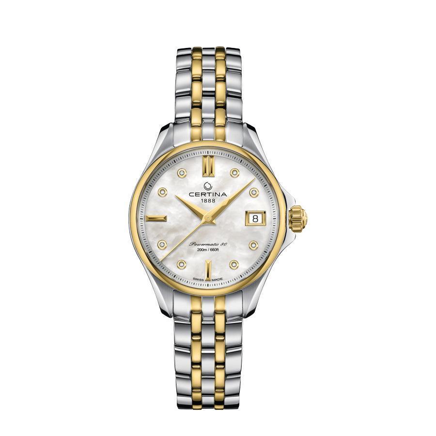 Certina DS Action Powermatic 80 women's watch with diamonds, two-tone dial and steel chain. Model C0322072211600
