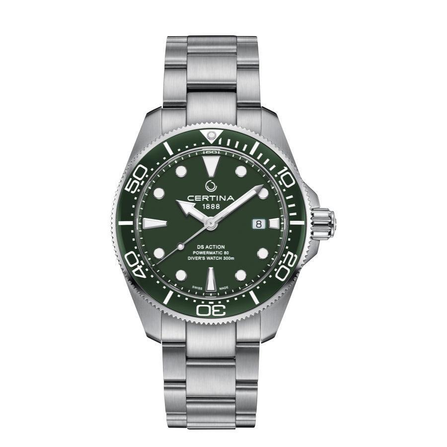 Certina DS Action Powermatic 80 men's watch with green dial and steel link seen from the front. Model C0326071109100