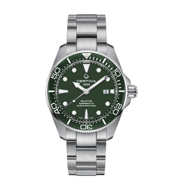 Certina DS Action Powermatic 80 men's watch with green dial and steel link seen from the front. Model C0326071109100