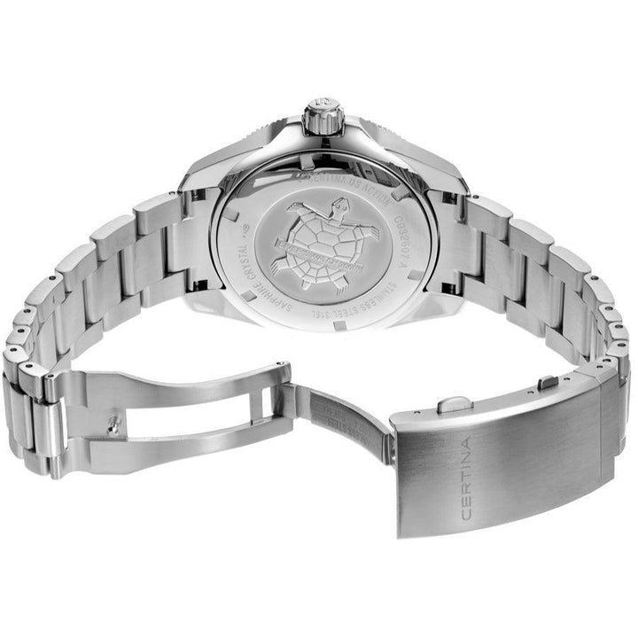 Certina DS Action Powermatic 80 men's watch with silver-colored steel chain and open clasp, detail of the back.