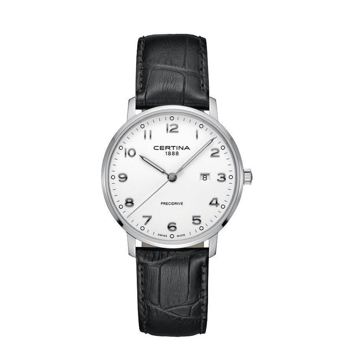Certina DS Caimano men's watch with white dial and black leather strap. Model C0354101601200.