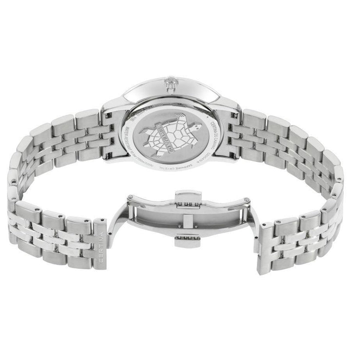 Certina DS Caimano Men's Watch Steel chain shows the back of the silver colored watch with folding clasp and turtle motif.