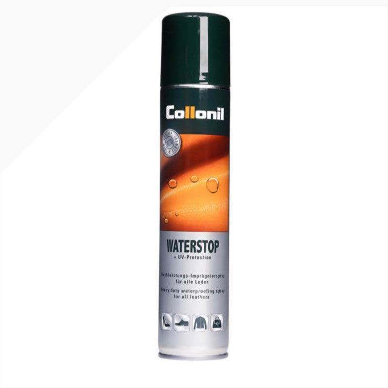 Collonil Waterstop Impregnation Spray appears as a tall spray can with a dark green lid, Model 16620001000.
