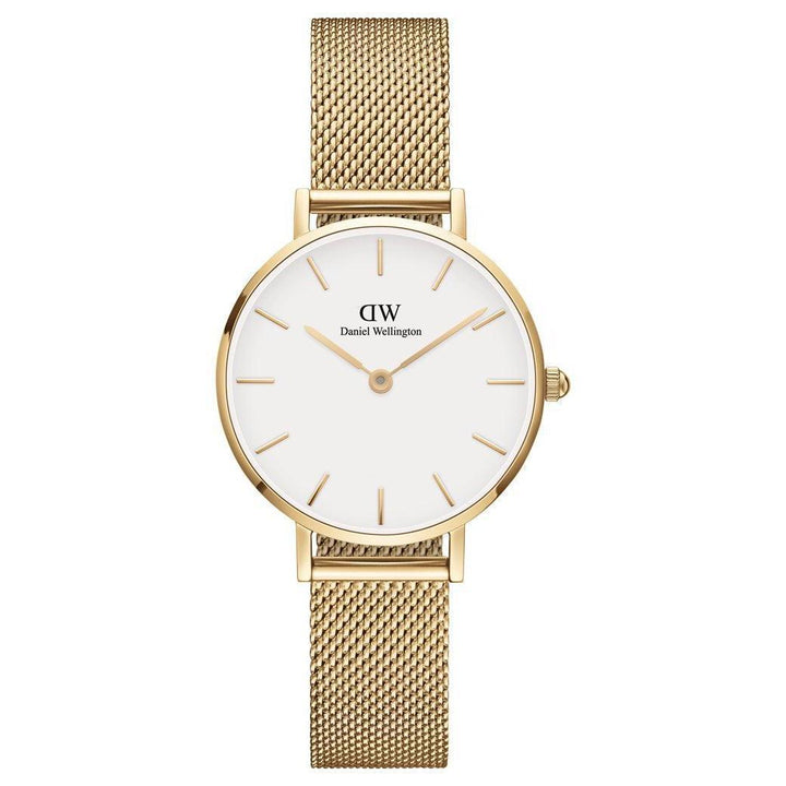 Daniel Wellington Classic Petite Evergold 28mm wristwatch with mesh gold strap and white dial. Model DW00100350.
