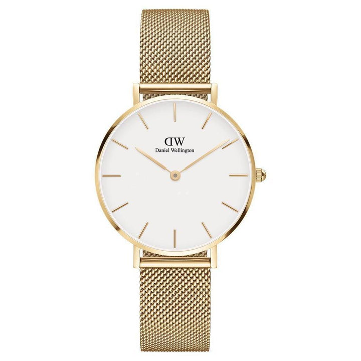 Daniel Wellington Classic Petite Evergold 32mm watch with white dial and golden mesh strap. Model DW00100348-adw00100348.