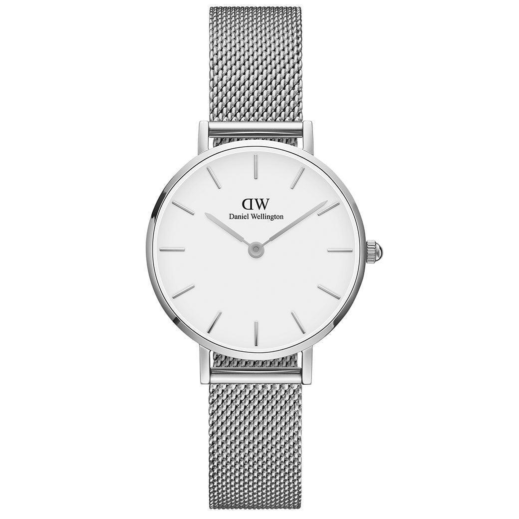 Daniel Wellington Classic Petite Sterling 28mm shows an elegant silver watch with mesh strap and white dial. Model DW00100220-ADW00100220.