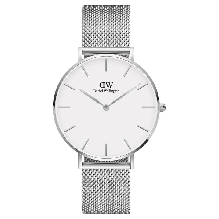 Daniel Wellington Classic Petite Sterling 36mm watch with silver mesh strap and white dial, Model DW00100306-ADW00100306.