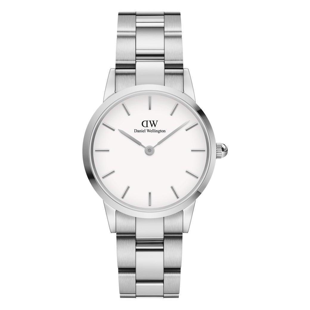 Daniel Wellington Iconic Link 28mm shows an elegant silver wristwatch with a white dial. Model DW00100207.