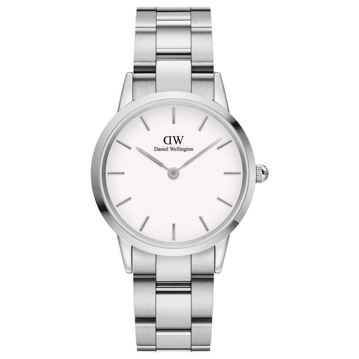 Daniel Wellington Iconic Link 32mm watch with silver colored steel chain and white dial. Model DW00100205.