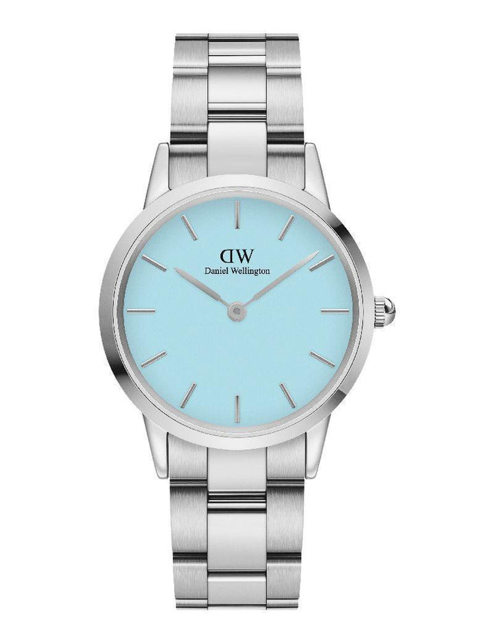 Daniel Wellington Iconic Link Capri Pastel Blue 32mm watch with steel strap and light blue dial. Model ADW00100541-1.