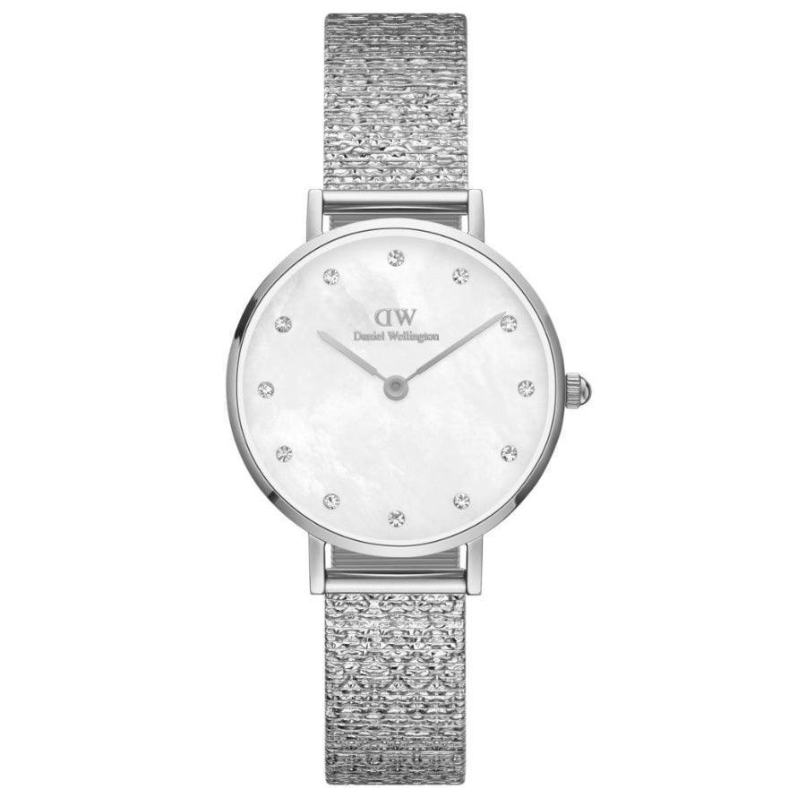 Daniel Wellington Petite Lumine 28mm watch with white mother-of-pearl dial and silver mesh strap. Model DW00100592