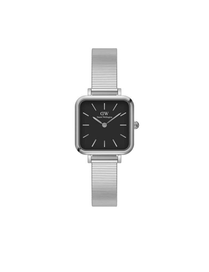 Daniel Wellington Quadro Studio Silver showcases elegant silver watch with black square dial and mesh strap. Model DW00100522.