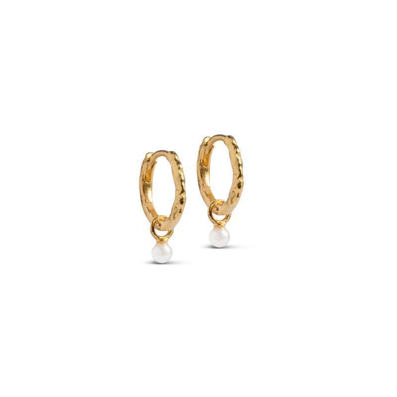 Enamel Belle Pearl Hoops, golden hoops with small white pearls, elegant detail. Model e271gm-pearl-1.
