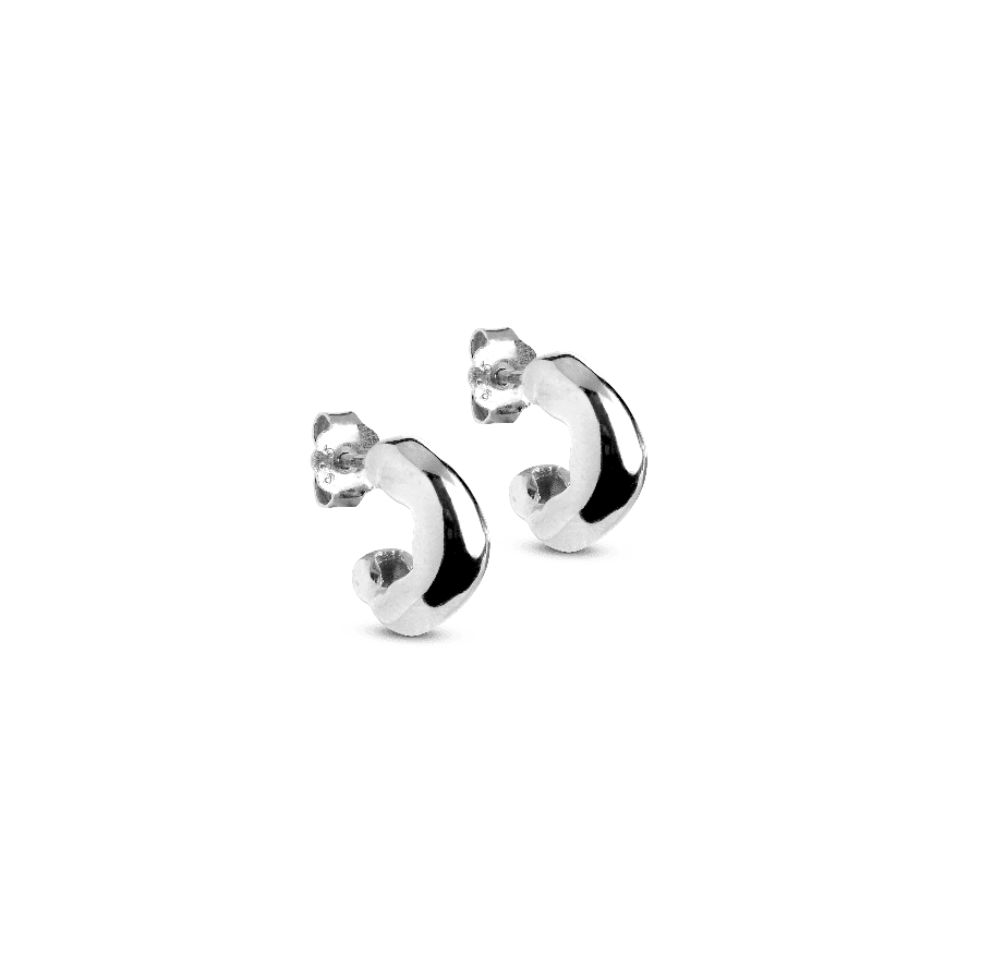 Enamel Gianna Small Hoops shows a set of small, shiny silver earrings in a curved design. Model E297S-E297S-1
