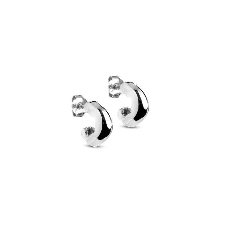 Enamel Gianna Small Hoops shows a set of small, shiny silver earrings in a curved design. Model E297S-E297S-1
