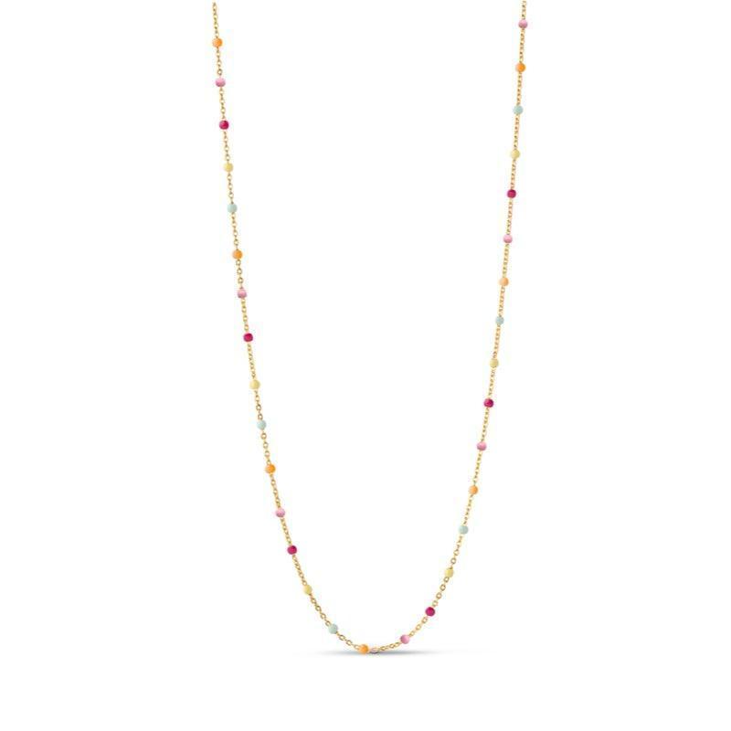enamel lola gold plated necklace n55g rainbow shown on white background with colored pearls, Model n55g-rainbow-1