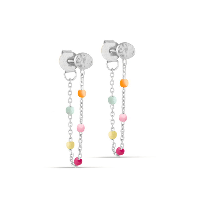 enamel lola silver earrings with colorful pearls on a thin chain, Model e140s-rainbow-e140s-rainbow-1