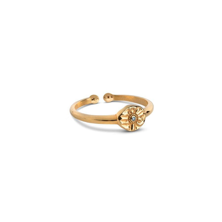 Enamel Mini Esma Ring Light Blue with adjustable gold-plated ring and flower detail, Model R77G-R77G-001-1