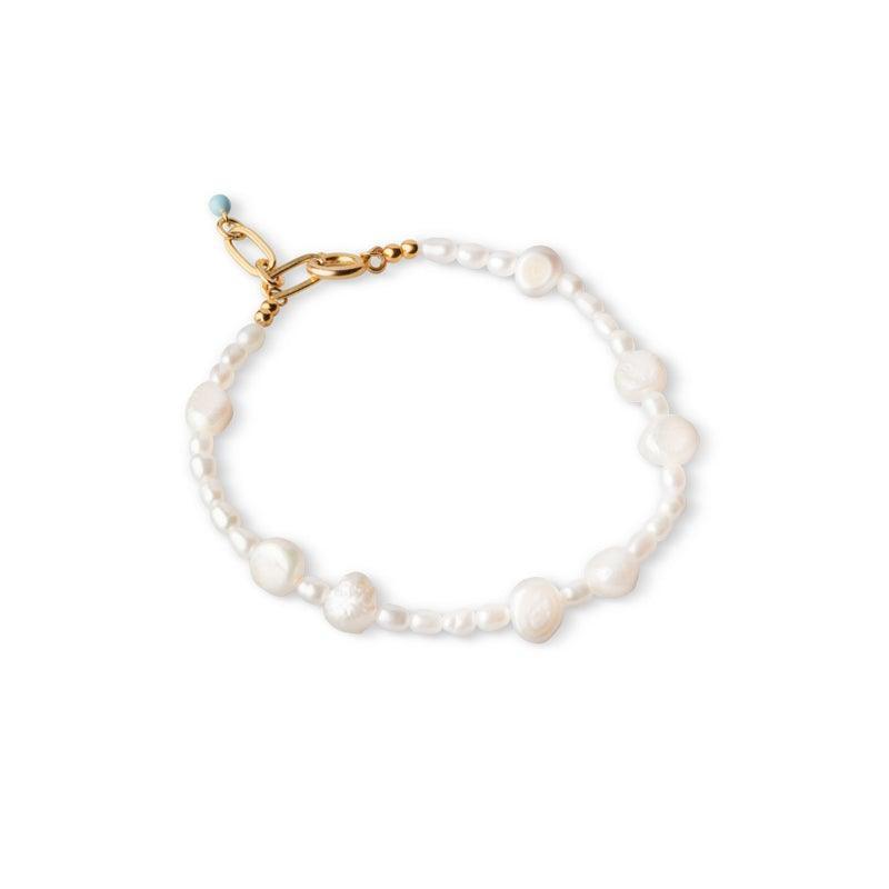 enamel pearlie bracelet with white freshwater pearls and gold clasp and blue detail, Model B79G-B79G-1