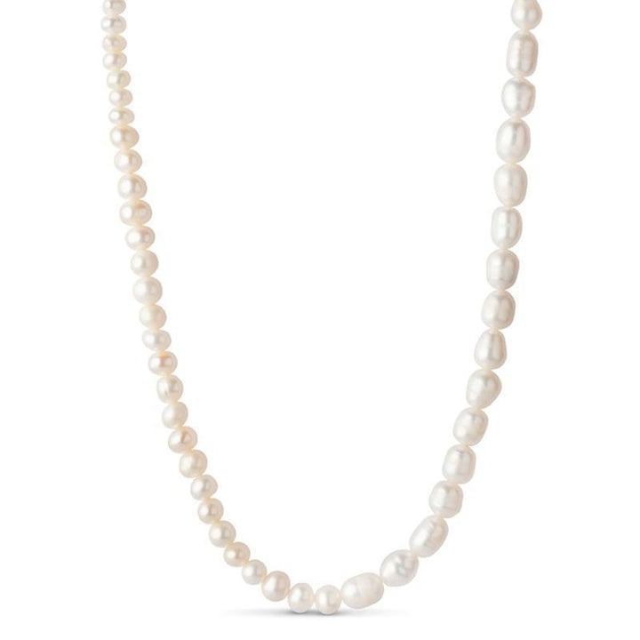 enamel pearlie necklace shown in close-up with white freshwater pearls, elegant and classic style. Model N67G-N67G-1